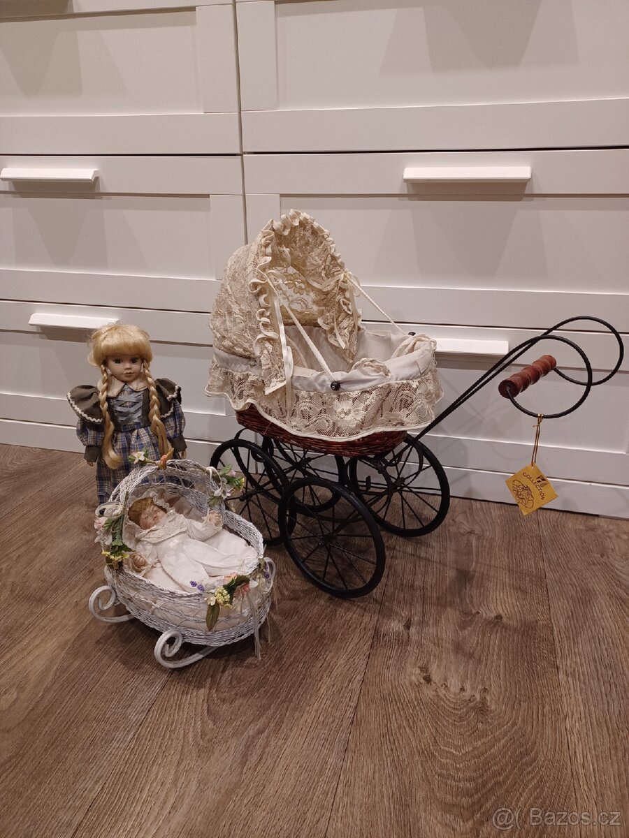 Retro porcelánová panenka, kočárek,kolébka.