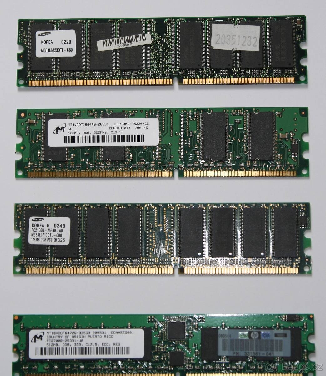 Různé DDR paměti (2× 128MB, 3× 512MB, i ECC)