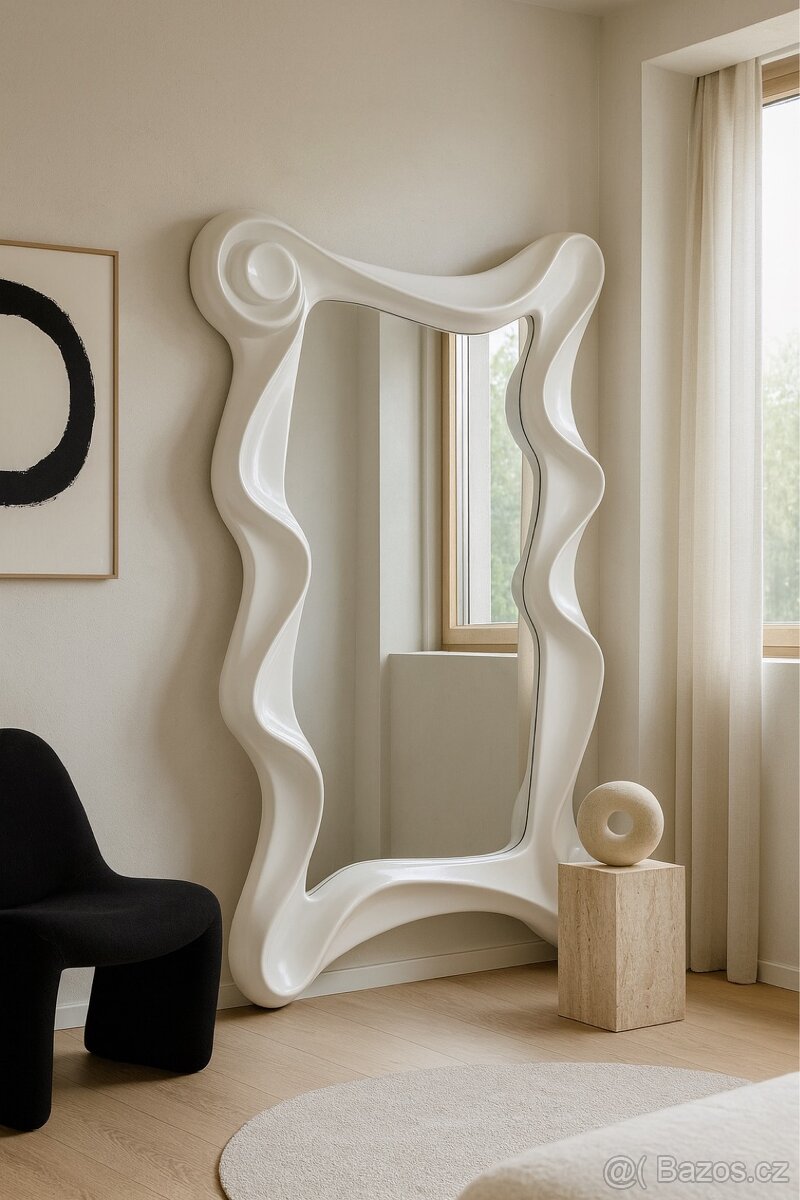 Velké zrcadlo masivní bílý rám vlny more dánský design