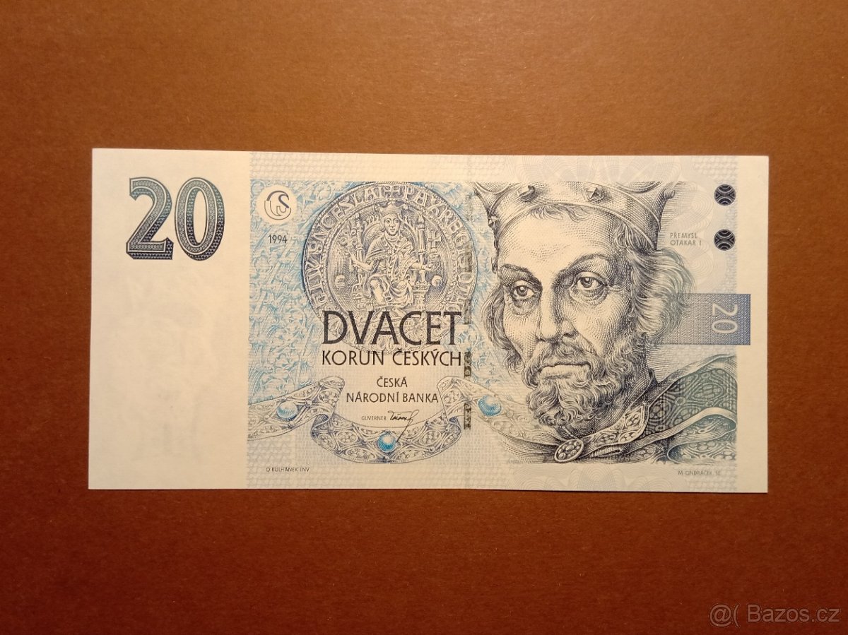 20 Kč 1994 - Nejvzácnější varianta na žlutém papíře - UNC