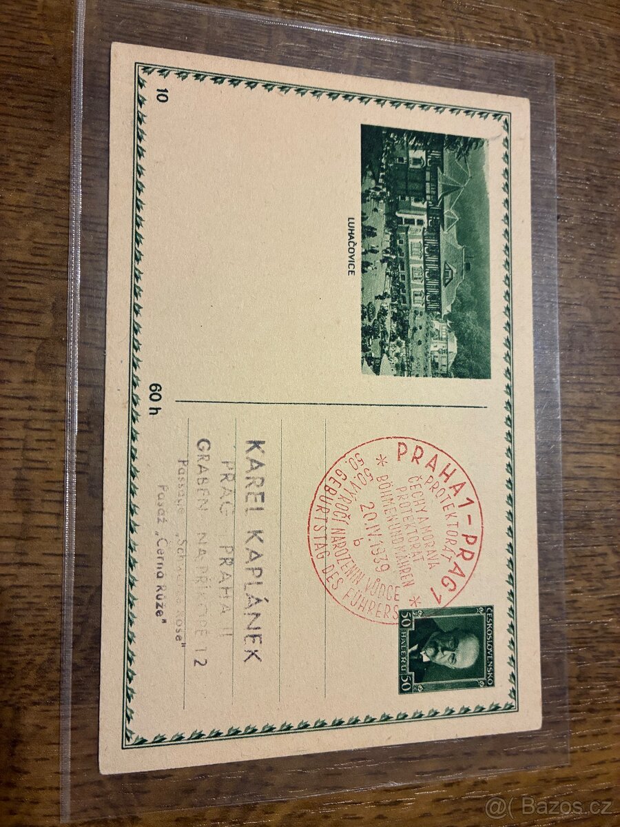 Protektorát Č&M 1939 – poštovní lístek 60 h, Praha 1