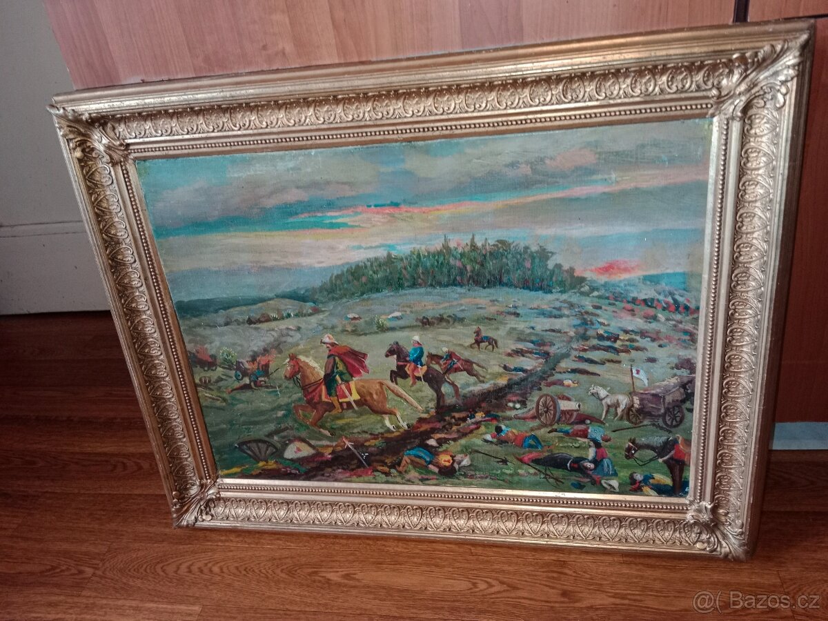 Pěkný,starý obraz-olej- bitva na poli