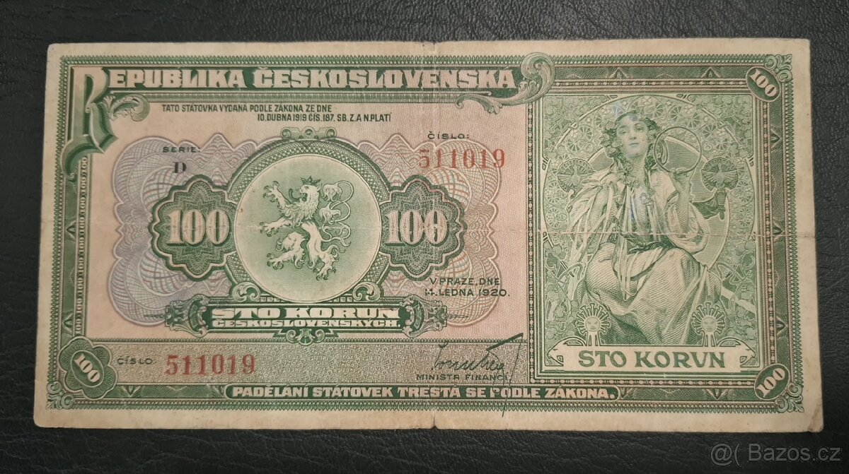 VZÁCNÁ 100 Kč, série D , rok 1920, neperforovaná
