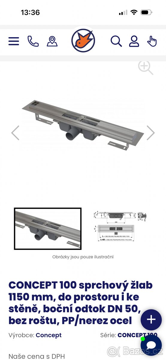 CONCEPT 110 cm sprchový žlab supr nízký