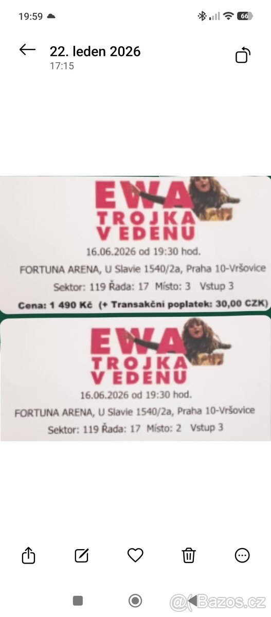 Prodám dvě vstupenky na Ewu Farnou