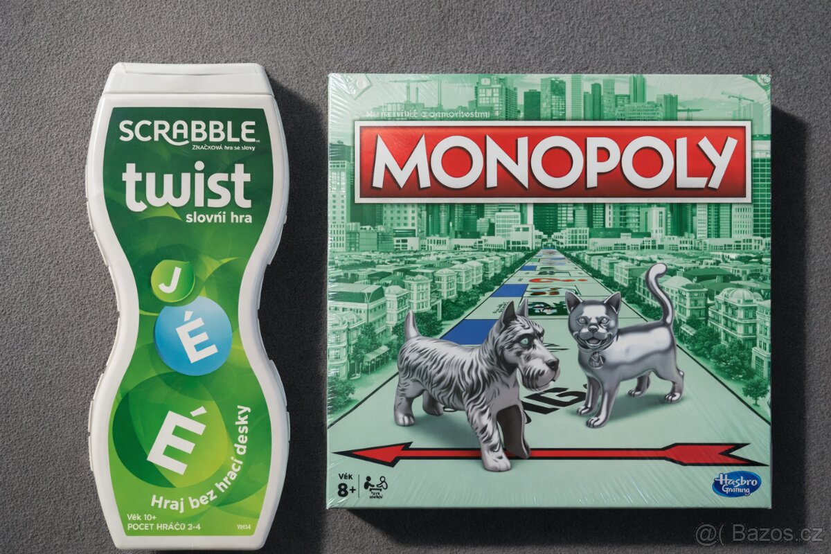 Společenské hry Monopoly a Scrabble Twist