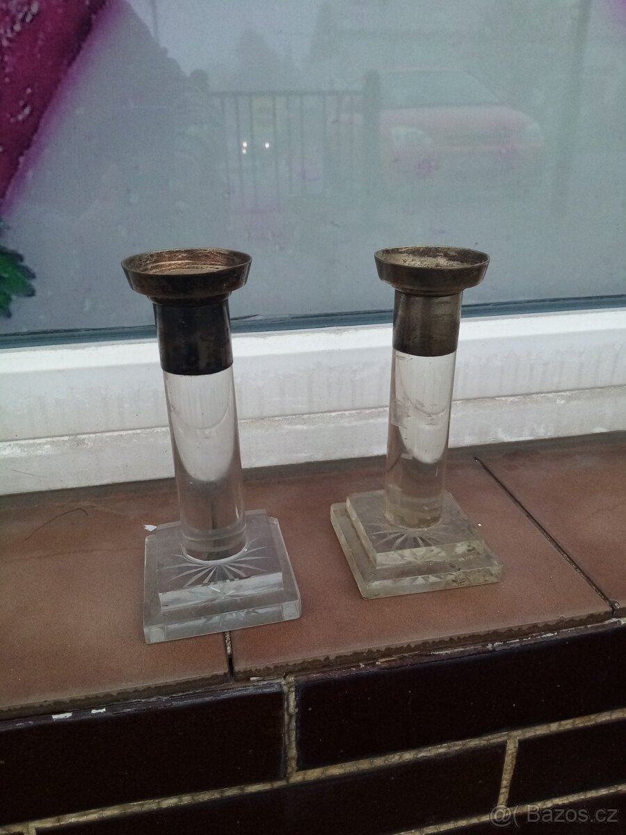 Starožitné svícny párové sklo, alpaka