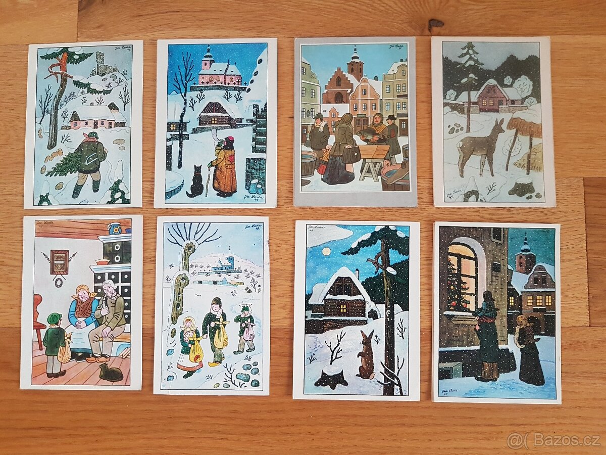 Retro pohlednice s motivy kolorovaných kreseb