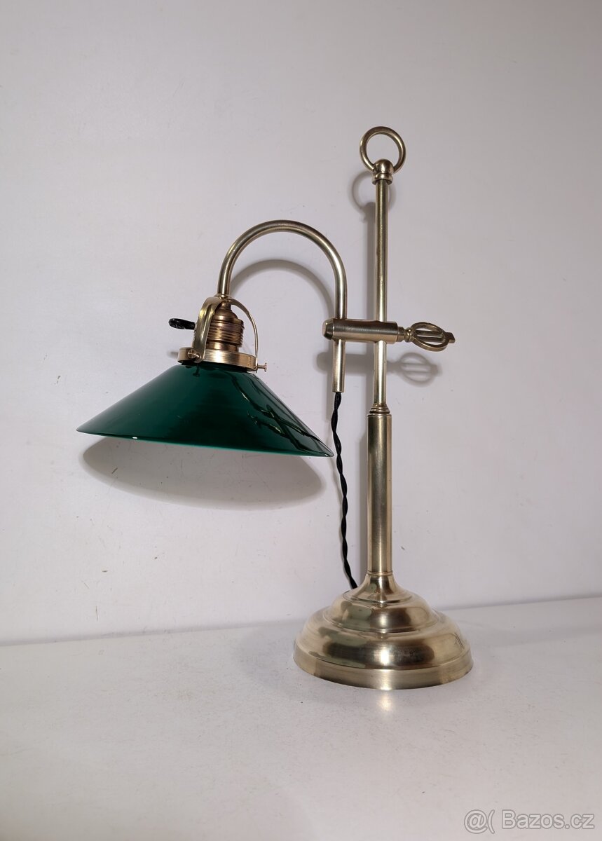 mosazná stylová lampa lampička bankéřka, zelené stínidlo