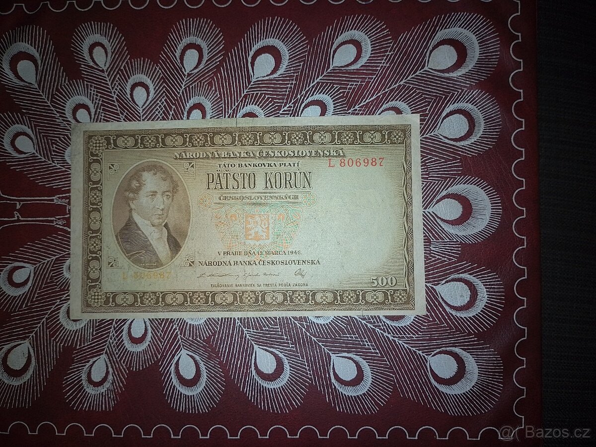 500 kčs 1946 vzácná, pěkná, neperforovaná, nedostatková, ori