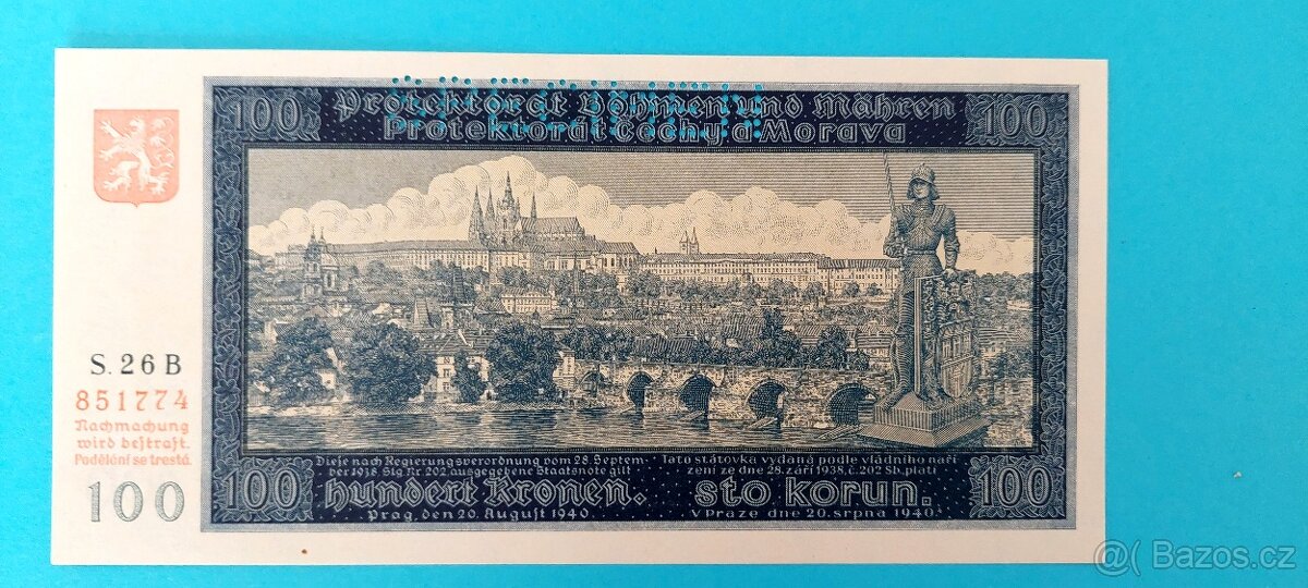 Bankovky PROTEKTORÁT ČECHY A MORAVA, PERFORACE, STAV UNC