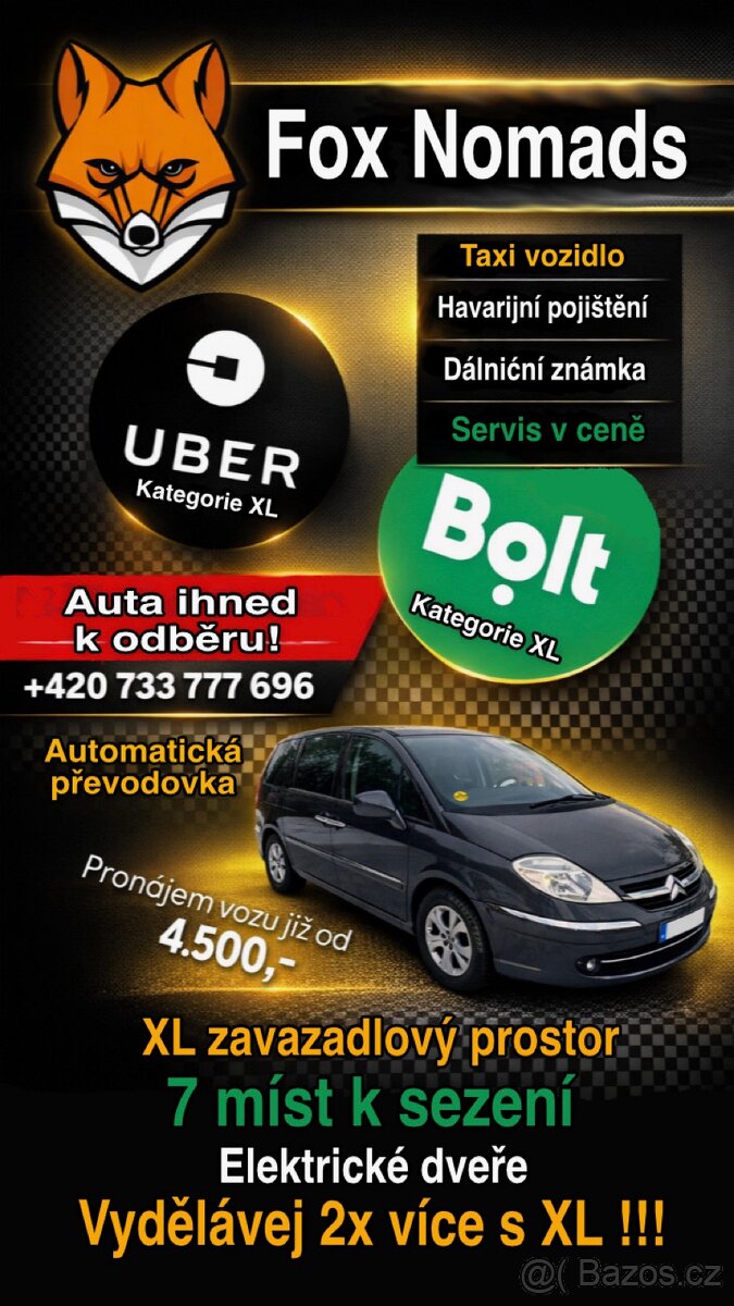 Bolt a Uber řidič, taxi, XL kategorie - flexibilní práce