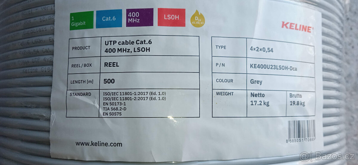 Kabel Cat.6 UTP LSOH 400MHz Dca - s2,d2,a1 500m/cívka