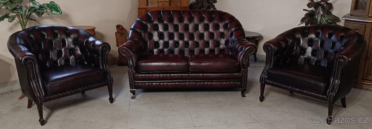 Chesterfield, kožená sedací souprava 2+1+1.