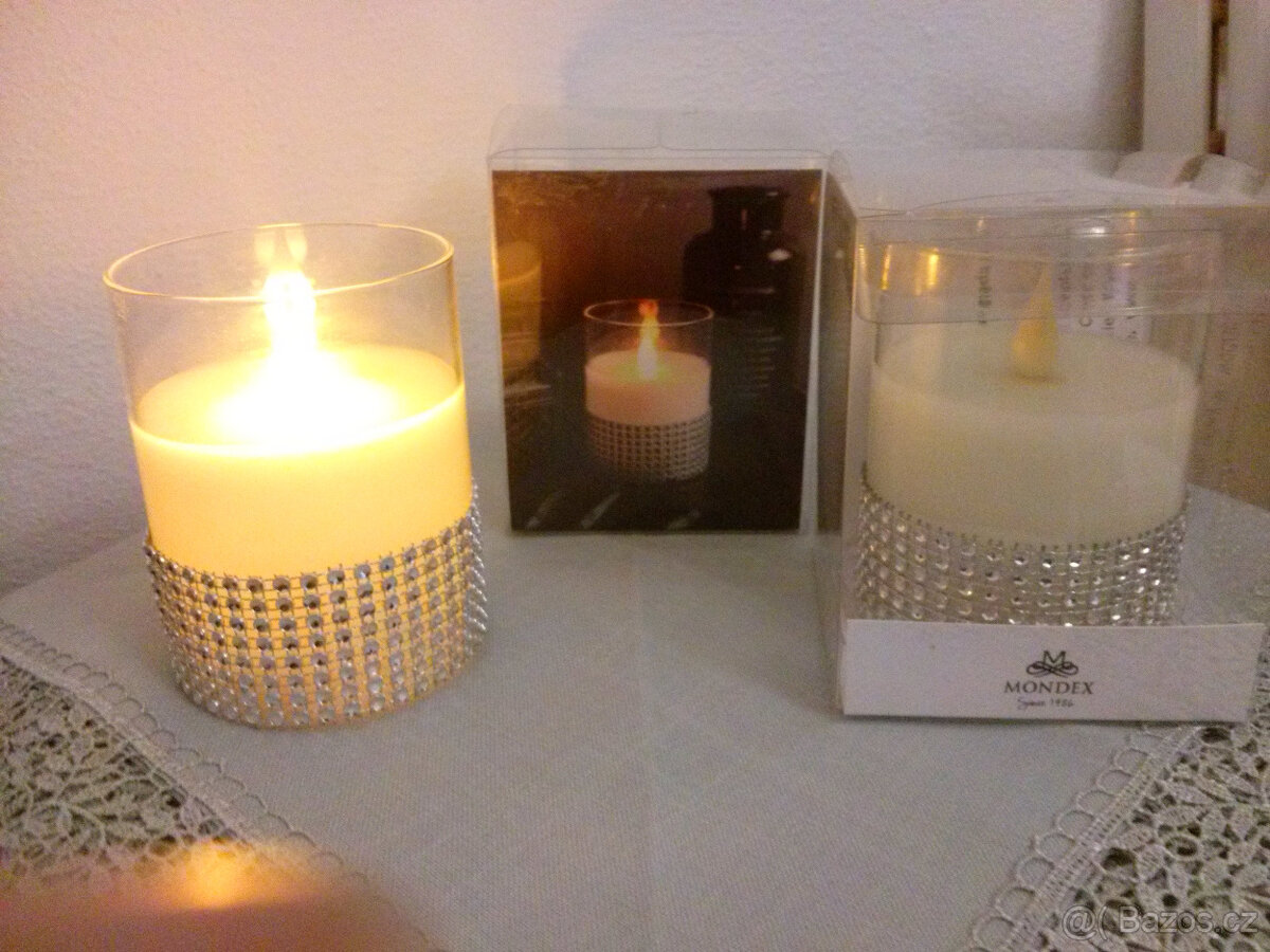 LED SKLENĚNE SVIČKY ZDOBENE ZIRKONY V OSMI ŘADACH - SADA