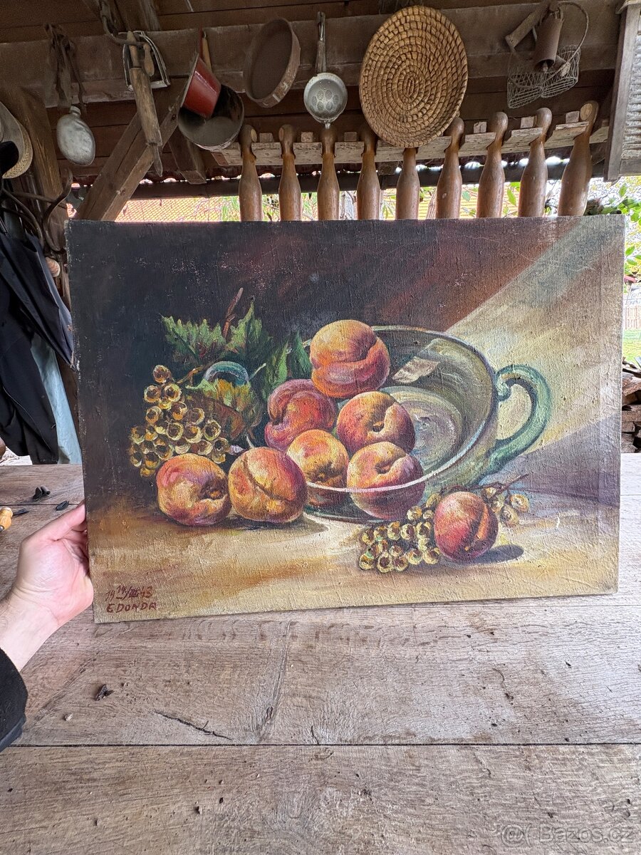Obraz – zátiší s broskvemi a hrozny, E. Donda (1943)