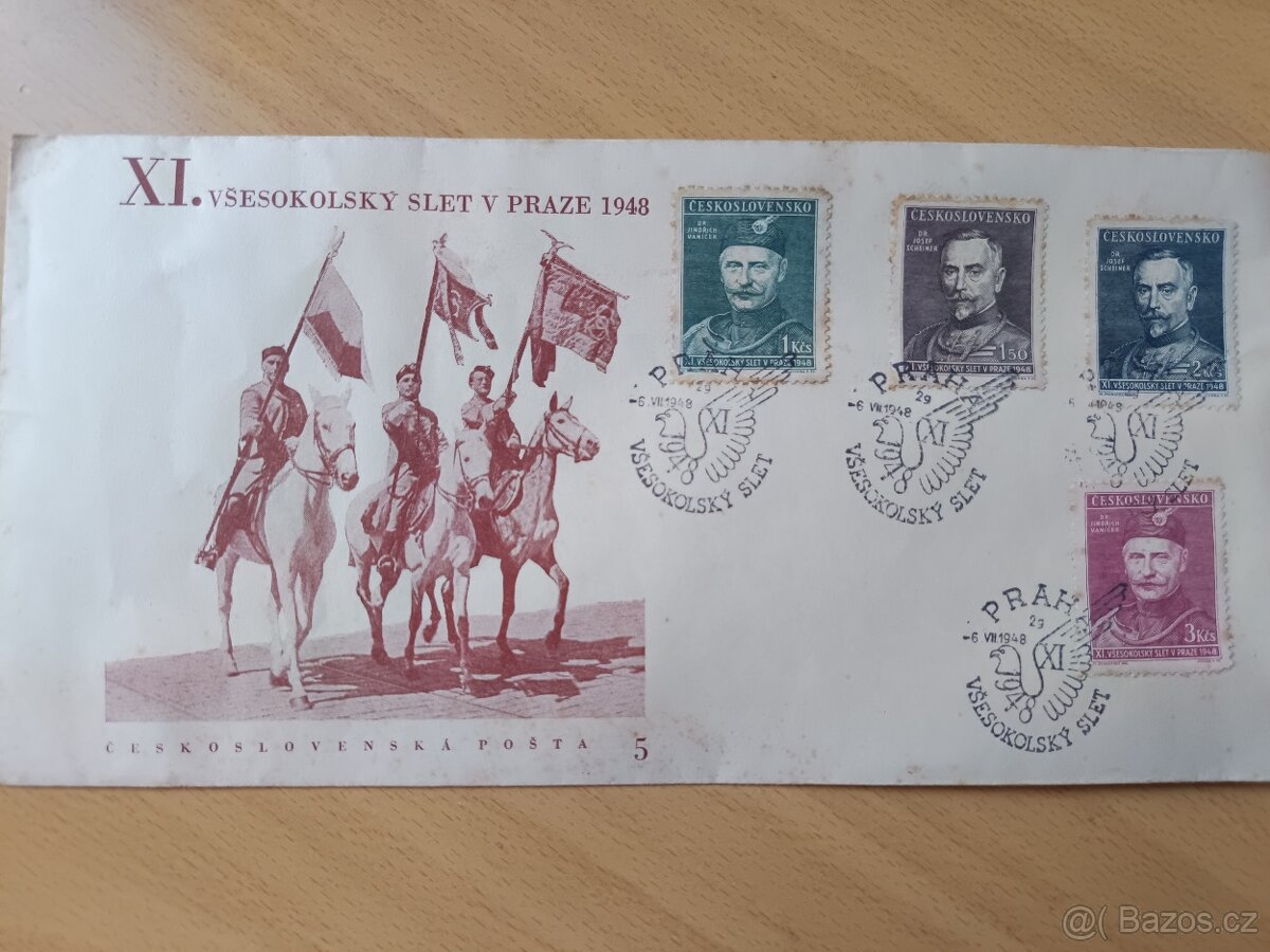 Obálky Všesokolský slet 1948 i s průkazy a pohlednicemi