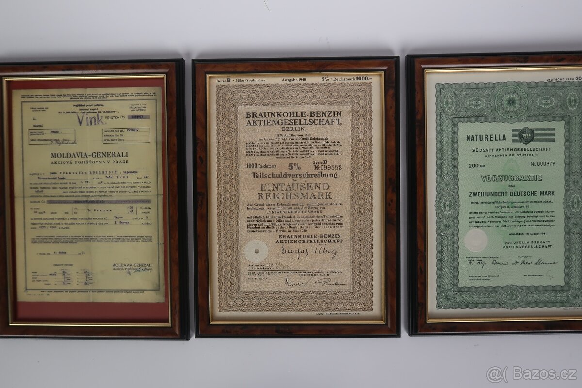 zarámované historické akcie, 13 kusů