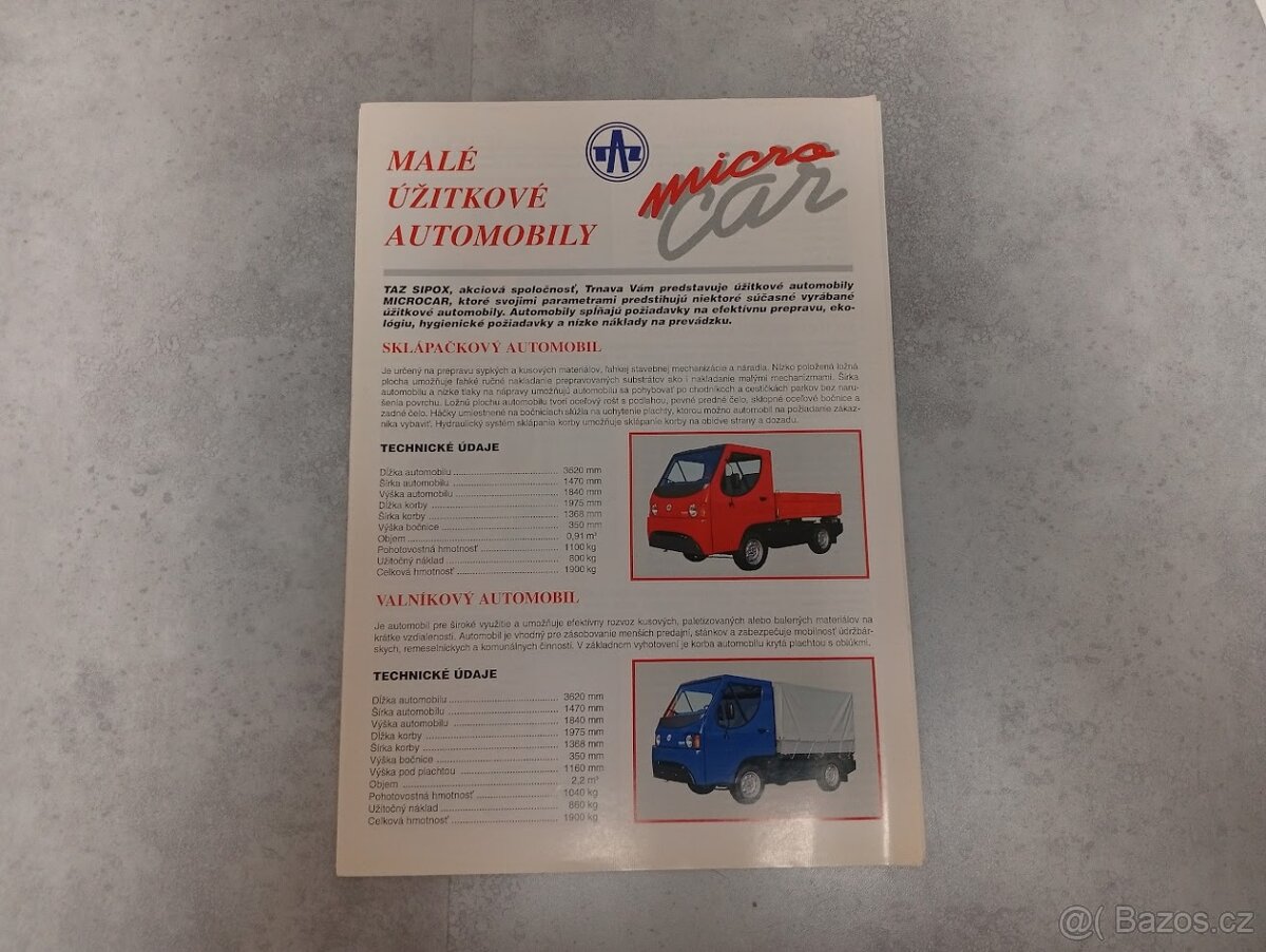 TAZ Microcar prospekt, TATRA SIPOX, ceník TAZ 1500