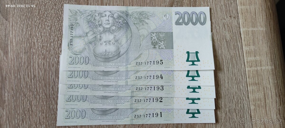 5x bankovka 2000Kč série Z postupka UNC stav