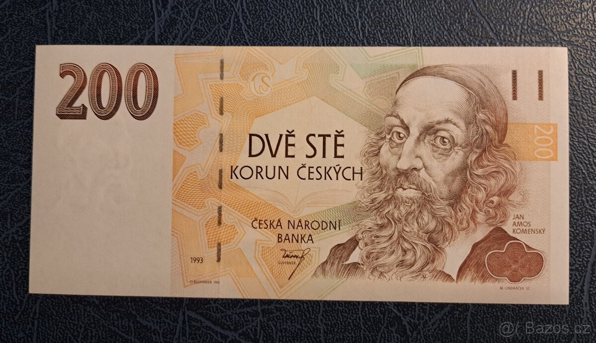 200 Kčs 1993 (na rubu žlutý papír ) VZÁCNÉ