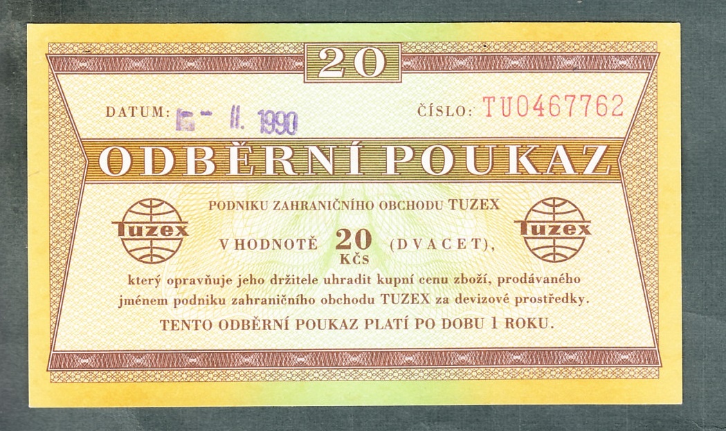 Staré bankovky TUZEX BONY 20 kčs 1990 porevoluční