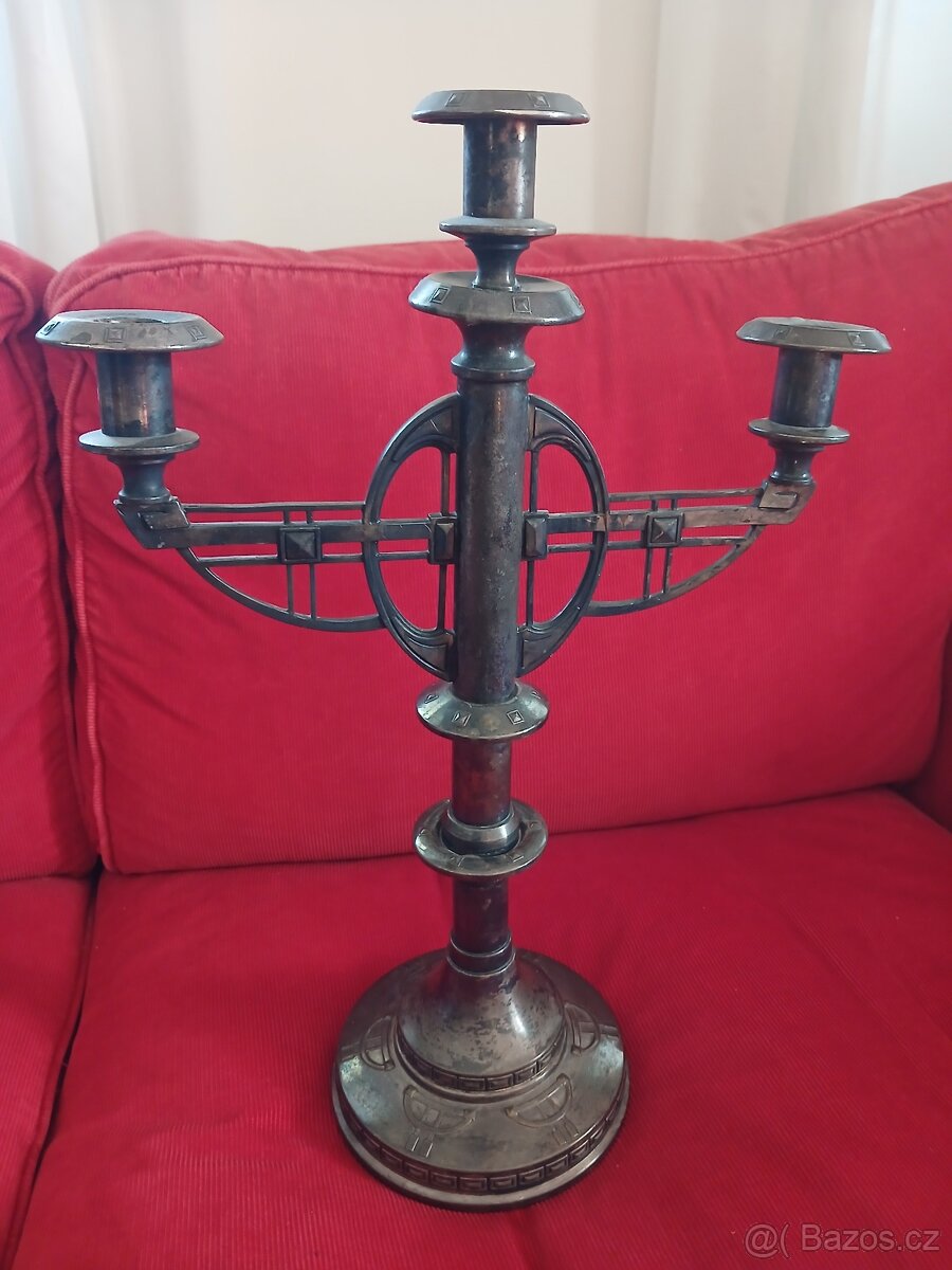 STAROŽITNÝ TŘÍRAMENNÝ SVÍCEN ART DECO výšky 46 cm