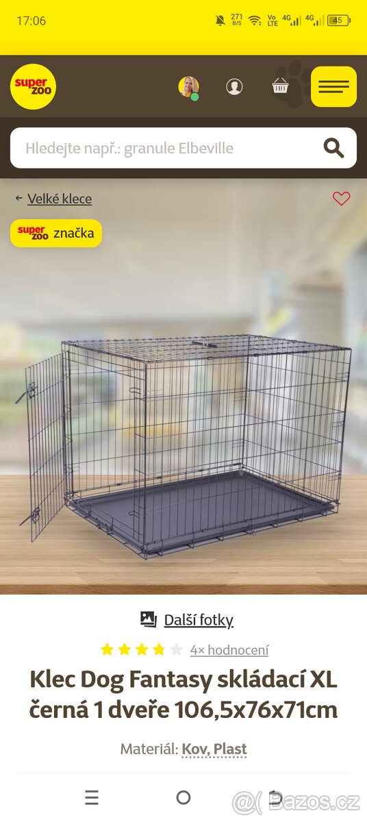 Klec pro psa skládací, XL černá 1 dveře 106,5x76x71cm