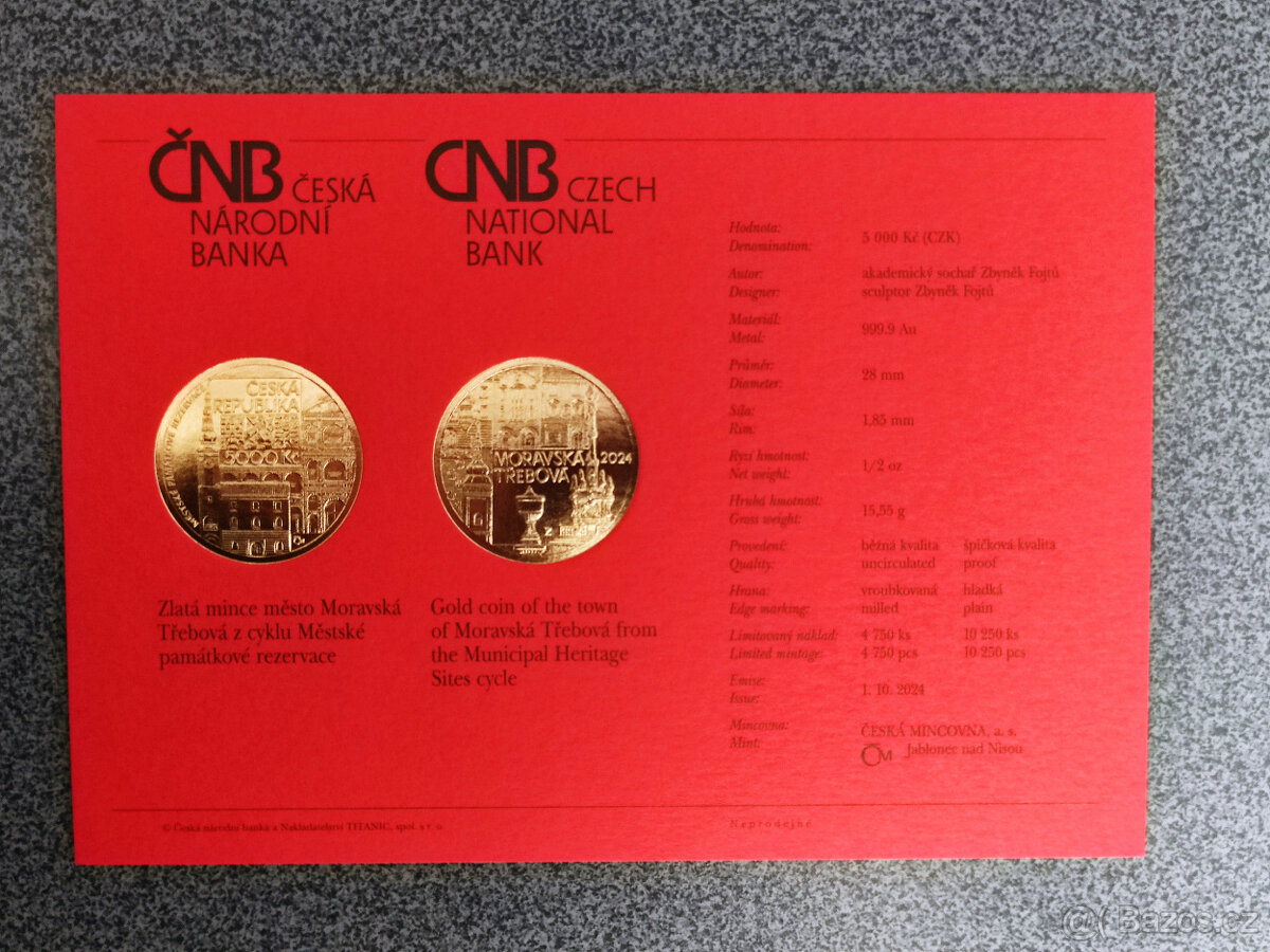 Prodám certifikát k minci 2024 MPR Moravská Třebová