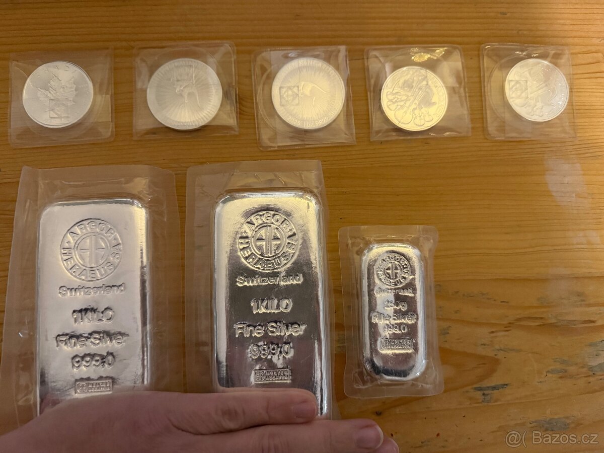 Stříbrné slitky + mince