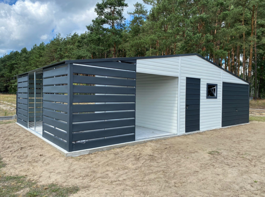 Plechová garáž 6x6 + 4m přístřešek