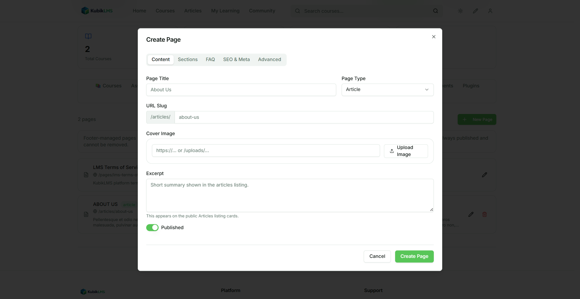 CMS page creator