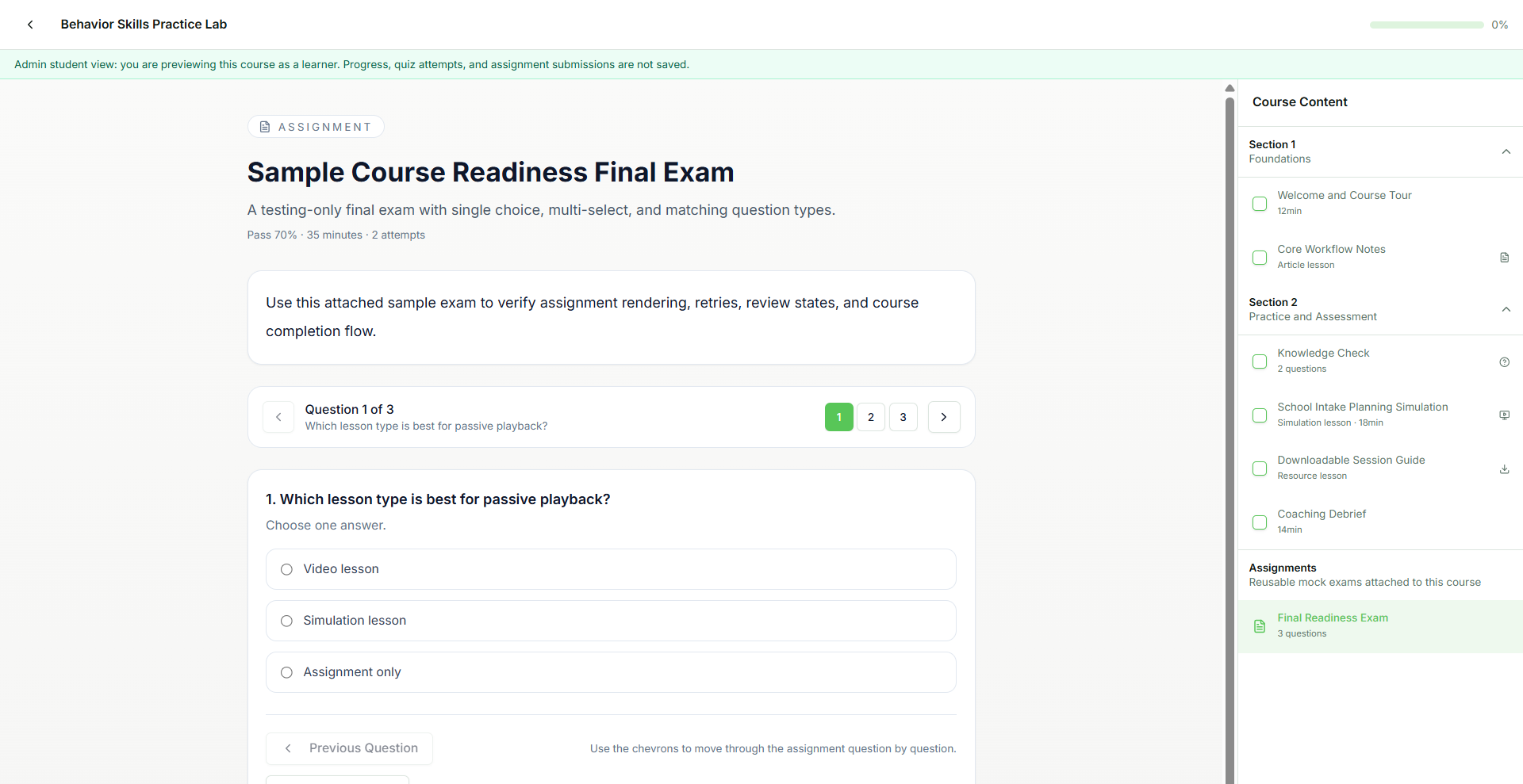 Student assignment screen