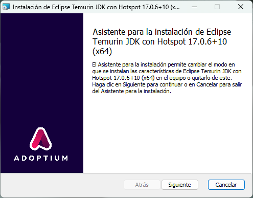 El instalador de Adoptium JDK