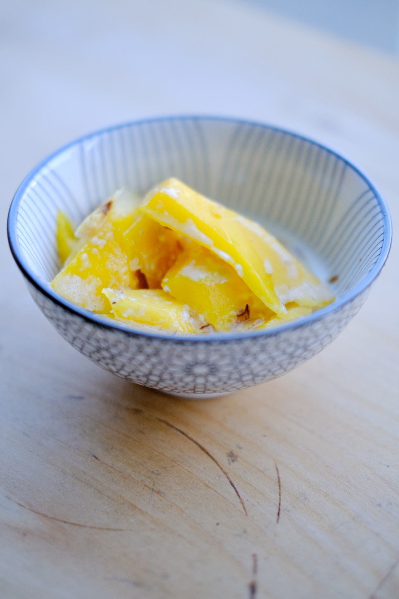 Mangoes in cream from Julie Sahni, served as dessert to the meal for my parents detailed above, Tilburg, 2021.