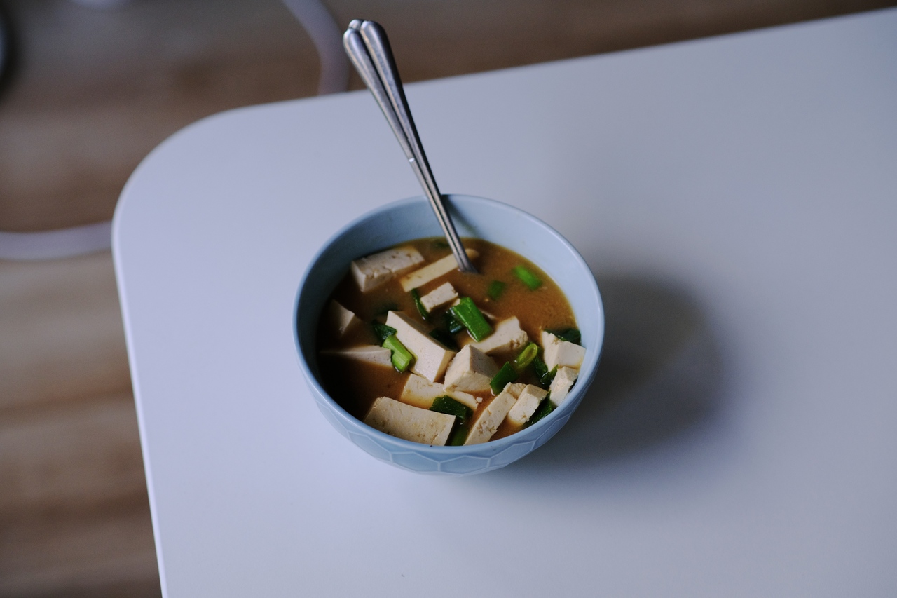 Miso soup with tofu and spring onions for lunch, in my apartment in Amsterdam, 2021.