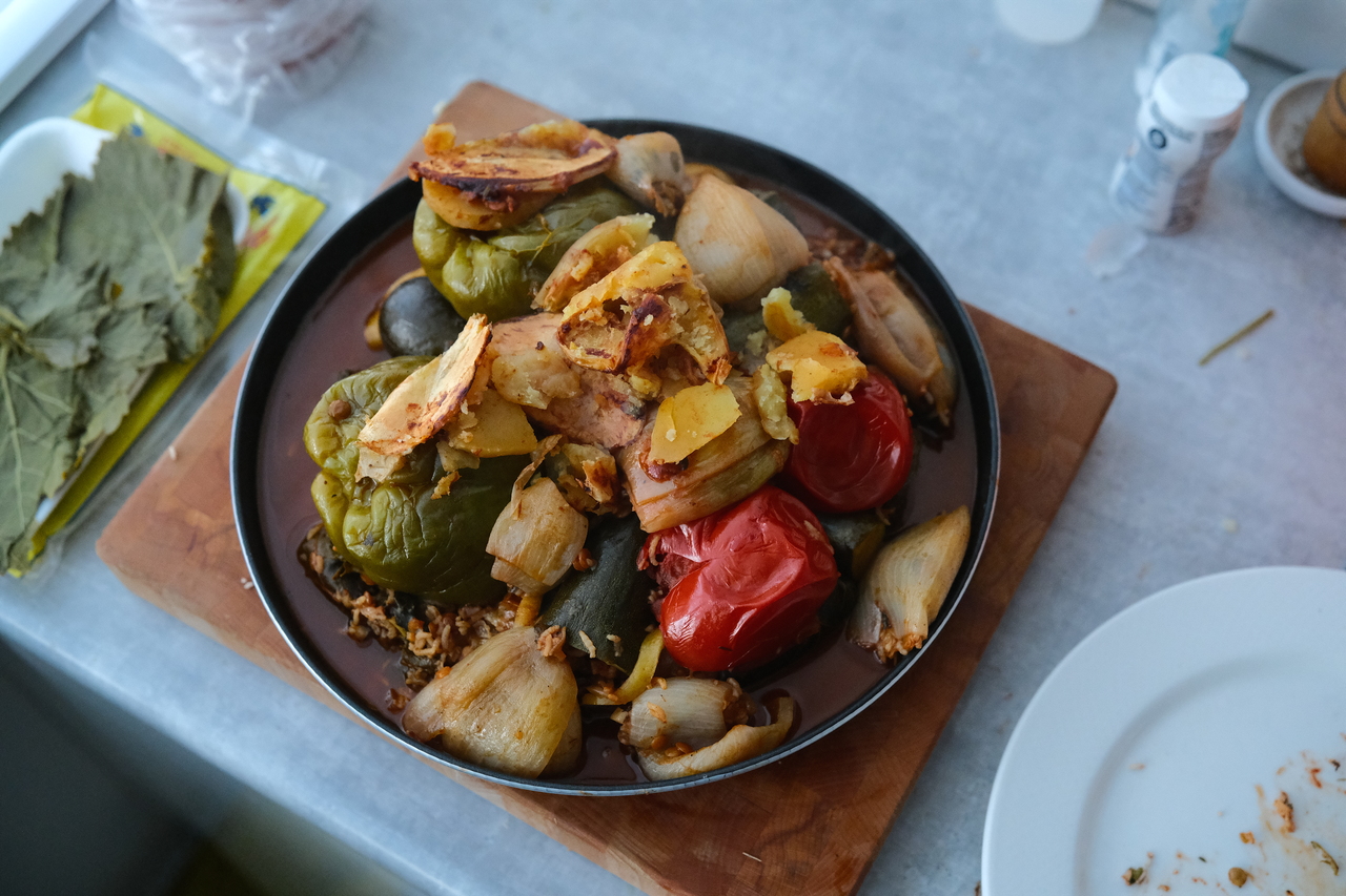 Steaming pile of assorted dolma, in my father's kitchen in Tilburg, 2024.