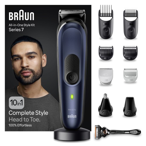 Braun Recortadora Todo En Uno Series 7 MGK7421, Kit 10en1 Afeitado Masculino, Recorte De Barba, Depilación Masculina, Corte De Pelo, Nariz, Orejas, Base De Carga, Estuche, Resistente Al Agua, Recargable, 100 Min Autonomía Inalámbrica