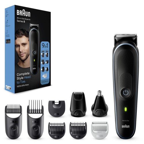 Braun Recortadora Todo En Uno Series 5 MGK5411, Kit 9 En 1 Para Afeitado Masculino, Recorte De Barba, Corte De Pelo, Nariz, Orejas Y Más, Con Lámina Ultraafilada, Estuche, Resistente Al Agua, Recargable, 100 Min De Autonomía Inalámbrica