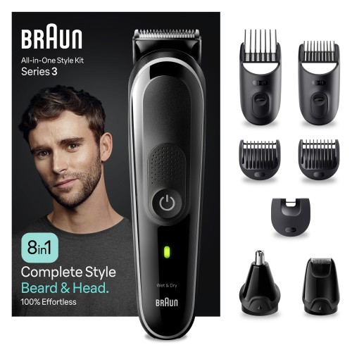 Braun Recortadora Todo En Uno Series 3 MGK3440, Kit 8 En 1 De Afeitado Diario Para Hombres, Recorte De Barba, Cortar El Pelo, Recortadora Para Nariz Y Orejas Y Más, Resistente Al Agua, Recargable, 80 Min Autonomía Inalámbrica