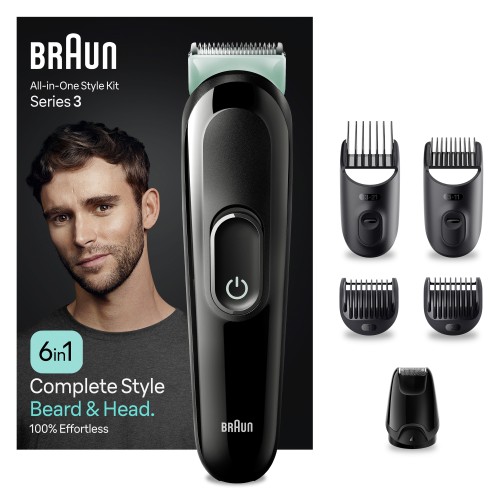 Braun Recortadora Todo En Uno Series 3 MGK3411, Kit 6 En 1 De Afeitado Diario Para Hombres, Para Recorte De Barba, Cortar El Pelo Y Más, Con Lámina Ultraafilada, Cabezales Y Peines Lavables, Recargable, 50 Min De Autonomía Inalámbrica