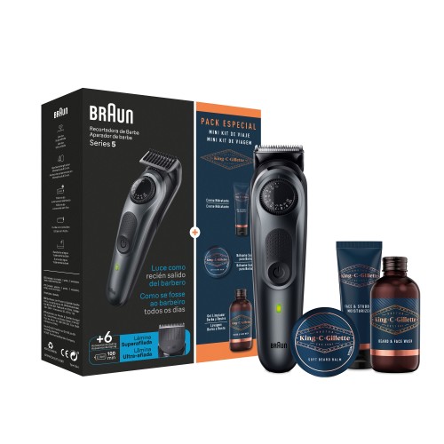 Pack Especial Braun Recortadora De Barba Series 5 BT5450, Recortadora De Barba Eléctrica Para Hombres, King C. Gillette Crema Hidratante 30ml, Bálsamo Suave Hidratación Profunda 25ml, Gel Limpiador 60ml