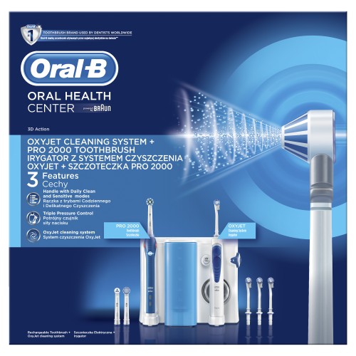 Oral-B Estación De Cuidado Bucal: Oral-B PRO 2000 Mango De Cepillo Eléctrico + Oxyjet Irrigador Con Tecnología Braun, 4 Cabezales Oxyjet, 3 Cabezales De Recambio