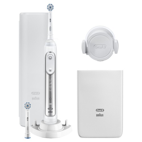 Oral-B Genius 8600 Cepillo Eléctrico Recargable Con Tecnología De Braun, 1 Mango Conectado Plata, 5 Modos Incluyendo Blanqueado, Sensible Y Cuidado De Las Encías, 2 cabezales de recambio: sensi ultra thin , 1 Estuche De Viaje,1 Funda para el Cargador