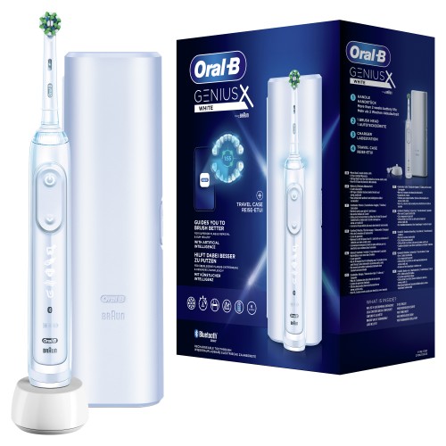 Oral-B Genius X Cepillo Eléctrico Blanco, 1 Mango Premium Con Inteligencia Artificial, 1 Cabezal De Recambio, 1 Estuche De Viaje, Diseñado Por Braun