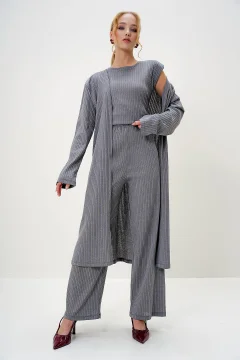 Women's Gray Shoulder Padded Crew Neck Blouse Trousers and Cardigan Set Alc-X4710-Rv - Фото 1