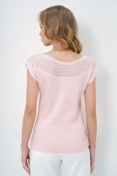  المرأة الحلوى الوردي قارب الرقبة الكتفين ثقوب مخرمة بلا أكمام تريكو بلوزة ALC-X13436 - Фото 5