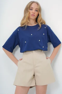 Women's Light Navy Blue Crew Neck Oversize Pearl and Stone Embroidered T-Shirt - Фото 1
