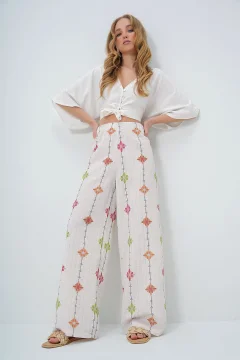 Women's Brown Floral Print Linen Trousers with Elastic Waist Alc-X13632 - Фото 1