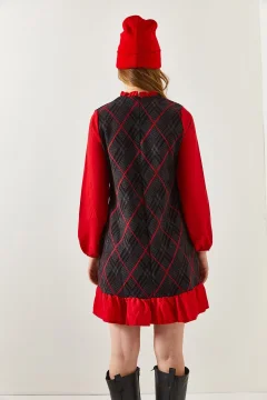 فستان نسائي قصير منقوش بياقة حمراء - Фото 7